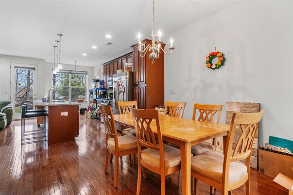 Chandelier, Dining room, Interior, Kitchen, Pendant Lights, Recessed Lighting, Wood Texture Flooring