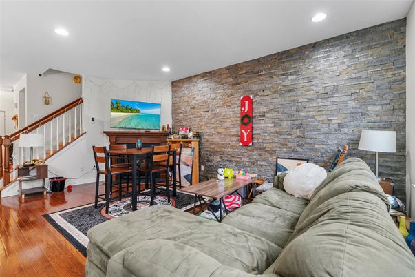 Interior, Living room, Recessed Lighting, Stone Walls, Wood Texture Flooring