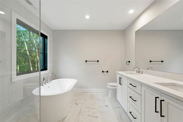 Bathroom, Dual Sink Vanities, Interior, Marble, Recessed Lighting