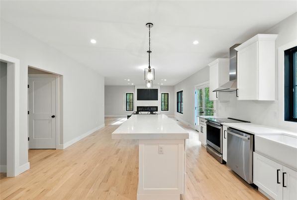 Interior, Kitchen, Pendant Lights, Recessed Lighting, Stainless Steel Appliances, Wood Texture Flooring