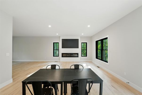 Dining room, Fireplace, Interior, Recessed Lighting, Wood Texture Flooring