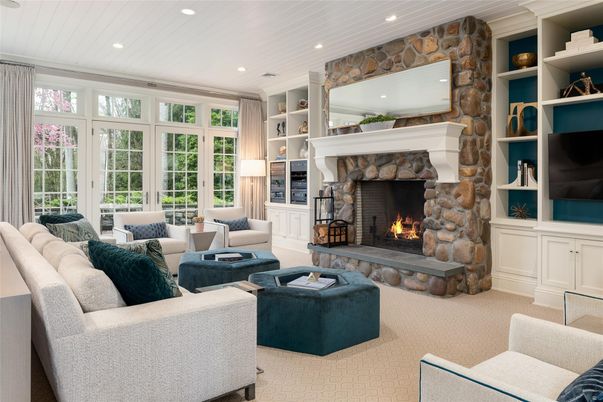 Fireplace, Interior, Living room, Recessed Lighting, Stone Walls