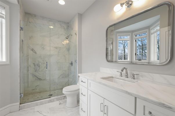 Bathroom, Glass Shower, Interior, Marble, Marble Walls, Recessed Lighting