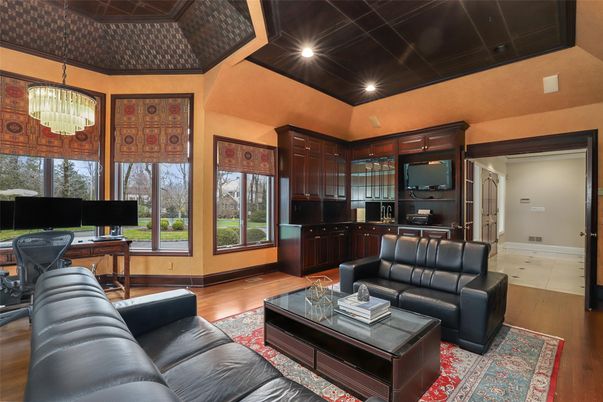 Chandelier, Home Office, Interior, Living room, Recessed Lighting, Wood Texture Flooring