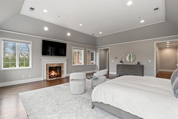 Bedroom, Fireplace, Interior, Recessed Lighting, Wood Texture Flooring