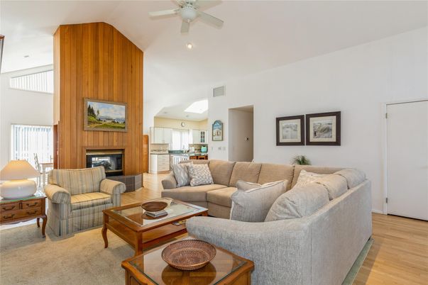 Fireplace, Interior, Kitchen, Living room, Recessed Lighting, Wood Texture Flooring