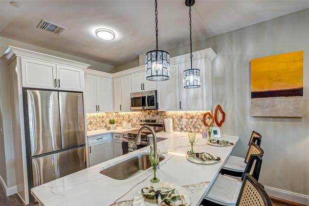 Interior, Kitchen, Pendant Lights, Stainless Steel Appliances, Wood Texture Flooring