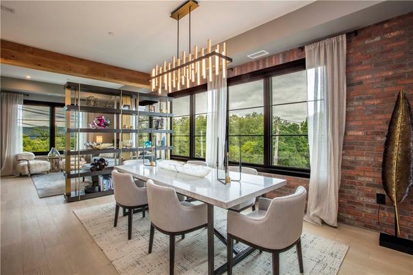 Dining room, Interior, Pendant Lights, Recessed Lighting, Stone Walls, Wood Texture Flooring