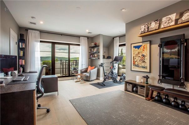 Fitness Equipment, Home Office, Interior, Recessed Lighting, Water, Wood Texture Flooring