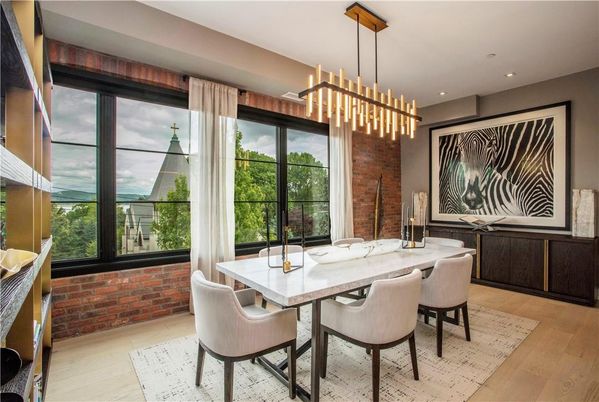 Dining room, Interior, Pendant Lights, Recessed Lighting, Stone Walls, Wood Texture Flooring