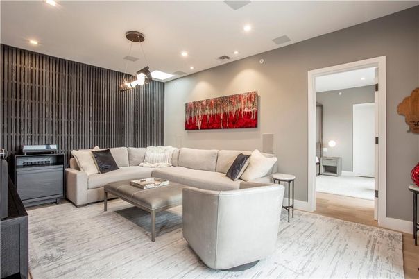 Interior, Living room, Pendant Lights, Recessed Lighting, Wood Texture Flooring