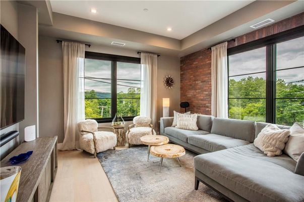 Interior, Living room, Recessed Lighting, Stone Walls, Wood Texture Flooring