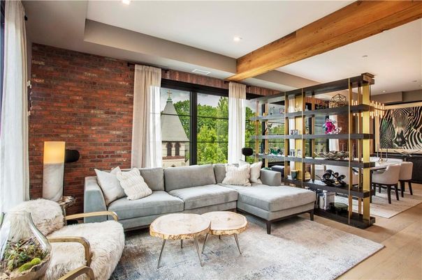 Dining room, Interior, Living room, Pendant Lights, Recessed Lighting, Stone Walls, Wooden Beams, Wood Texture Flooring