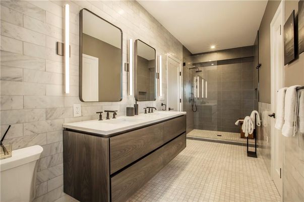 Bathroom, Dual Sink Vanities, Glass Shower, Interior, Recessed Lighting
