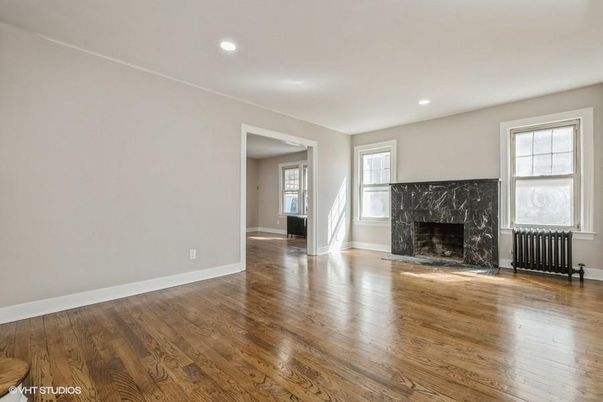 Empty room, Fireplace, Interior, Recessed Lighting, Wood Texture Flooring