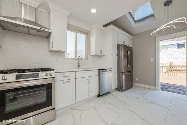 Interior, Kitchen, Marble, Pendant Lights, Recessed Lighting, Stainless Steel Appliances