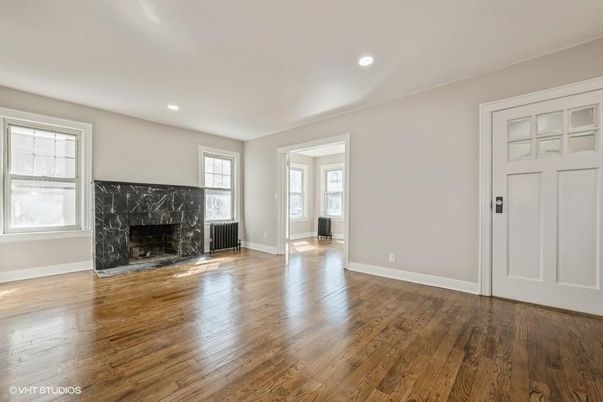 Empty room, Fireplace, Interior, Recessed Lighting, Wood Texture Flooring