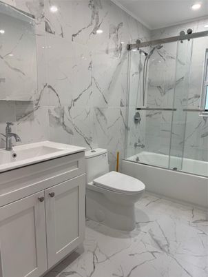 Bathroom, Glass Shower, Interior, Marble, Marble Walls, Recessed Lighting