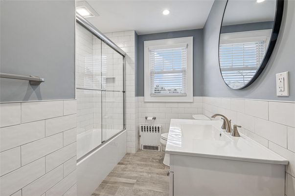 Bathroom, Glass Shower, Interior, Recessed Lighting, Wood Texture Flooring
