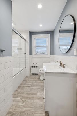 Bathroom, Glass Shower, Interior, Recessed Lighting, Wood Texture Flooring