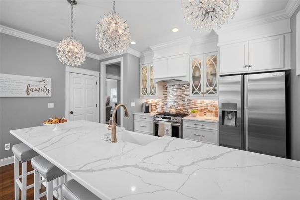 Chandelier, Interior, Kitchen, Pendant Lights, Recessed Lighting, Stainless Steel Appliances, Wood Texture Flooring