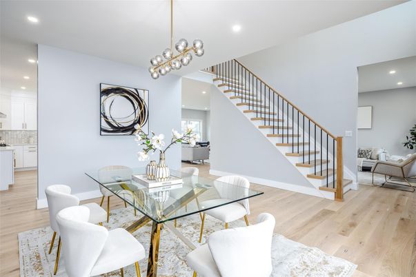 Dining room, Interior, Pendant Lights, Recessed Lighting, Wood Texture Flooring