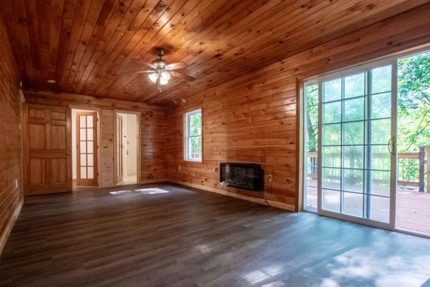 Empty room, Fireplace, Interior, Wooden Ceilings, Wood Texture Flooring, Wooden Walls