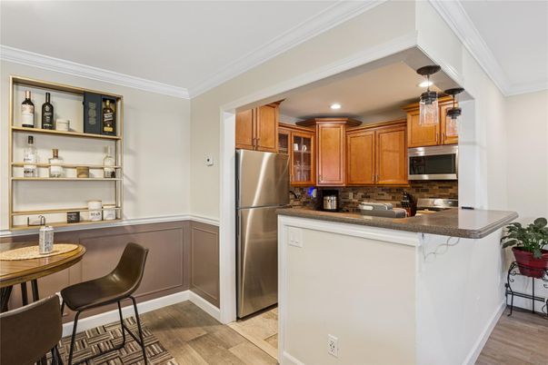 Interior, Kitchen, Recessed Lighting, Stainless Steel Appliances, Wood Texture Flooring