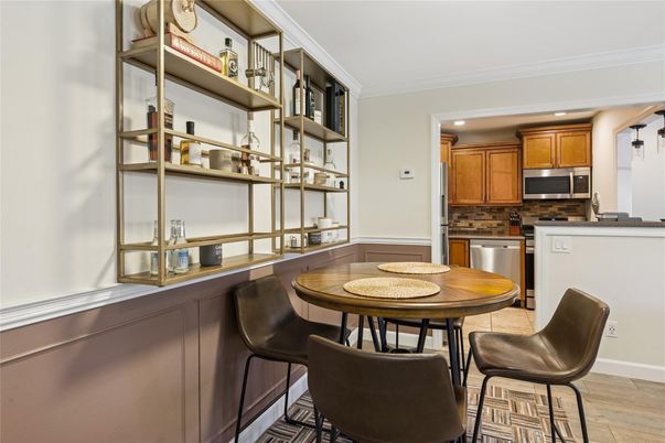 Dining room, Interior, Kitchen, Recessed Lighting, Wood Texture Flooring