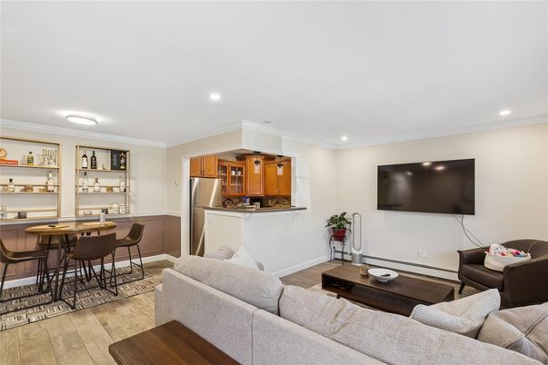 Dining room, Interior, Kitchen, Living room, Recessed Lighting, Stainless Steel Appliances, Wood Texture Flooring