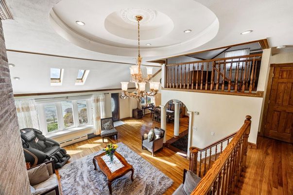 Chandelier, Interior, Living room, Recessed Lighting, Wood Texture Flooring