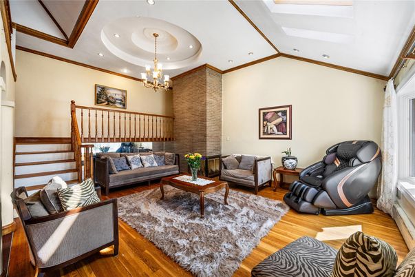 Interior, Living room, Pendant Lights, Recessed Lighting, Stone Walls, Wood Texture Flooring