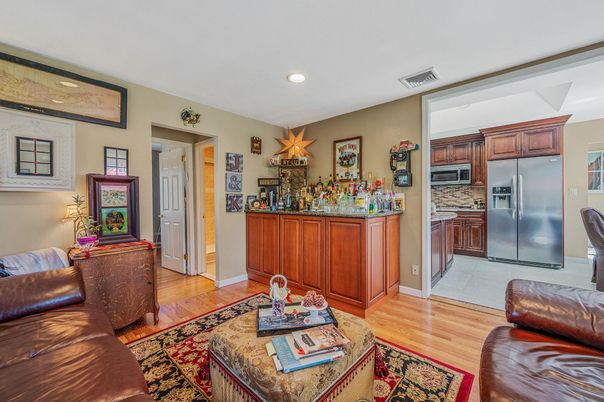 Interior, Kitchen, Living room, Recessed Lighting, Stainless Steel Appliances, Wood Texture Flooring