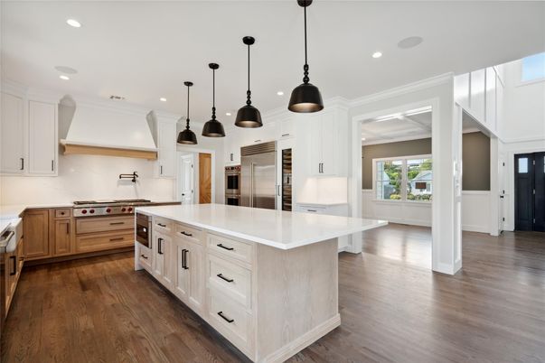 Interior, Kitchen, Pendant Lights, Recessed Lighting, Stainless Steel Appliances, Wood Texture Flooring