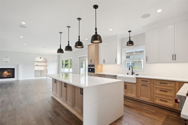 Fireplace, Interior, Kitchen, Pendant Lights, Recessed Lighting, Stainless Steel Appliances, Wood Texture Flooring