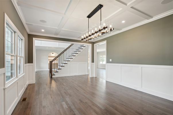 Empty room, Interior, Pendant Lights, Recessed Lighting, Wood Texture Flooring