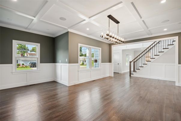 Empty room, Interior, Pendant Lights, Recessed Lighting, Wood Texture Flooring