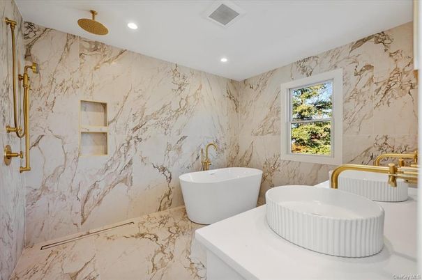 Bathroom, Dual Sink Vanities, Free Standing Baths, Interior, Marble, Marble Walls, Recessed Lighting