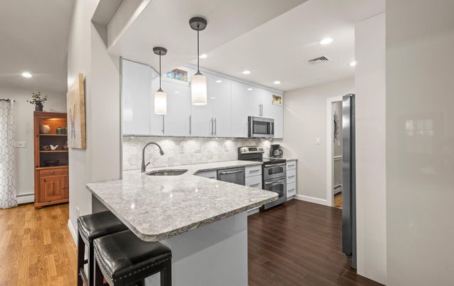 Interior, Kitchen, Pendant Lights, Recessed Lighting, Stainless Steel Appliances, Wood Texture Flooring