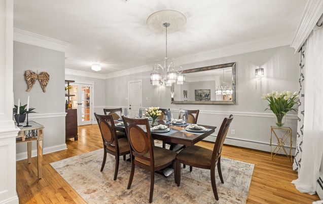 Chandelier, Dining room, Interior, Wood Texture Flooring