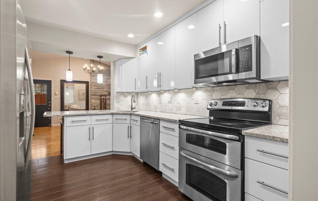 Interior, Kitchen, Pendant Lights, Recessed Lighting, Stainless Steel Appliances, Wood Texture Flooring