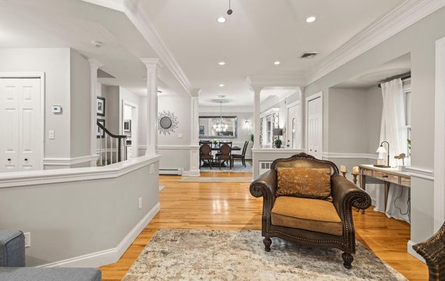 Chandelier, Dining room, Interior, Pendant Lights, Recessed Lighting, Wood Texture Flooring
