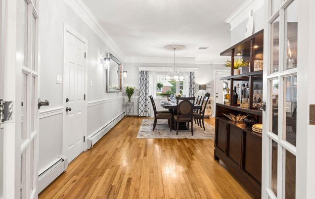Chandelier, Dining room, Interior, Wood Texture Flooring