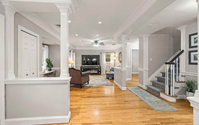 Fireplace, Interior, Living room, Recessed Lighting, Wood Texture Flooring