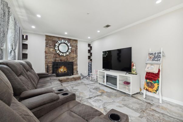 Home Theatre Room, Fireplace, Interior, Living room, Recessed Lighting, Stone Walls