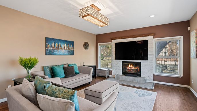 Fireplace, Interior, Living room, Recessed Lighting, Wood Texture Flooring