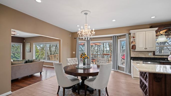 Chandelier, Dining room, Interior, Kitchen, Living room, Recessed Lighting, Wood Texture Flooring