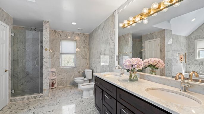 Bathroom, Dual Sink Vanities, Glass Shower, Interior, Marble, Marble Walls, Recessed Lighting
