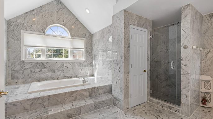 Bathroom, Glass Shower, Interior, Marble, Marble Walls, Recessed Lighting