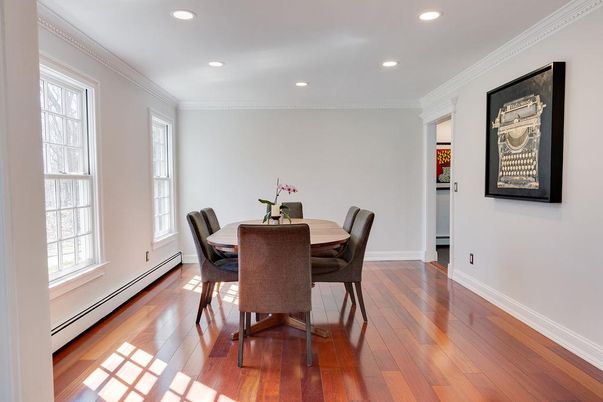 Dining room, Interior, Recessed Lighting, Wood Texture Flooring